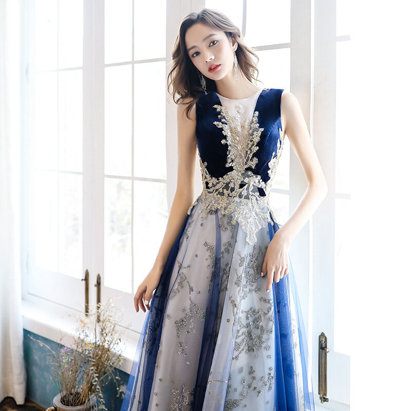 Letnia sukienka koktajlowa o nowym temperamencie, bez rękawów, z okrągłym dekoltem, dostojna atmosfera, elegancka, długa, niebieska sukienka w talii
