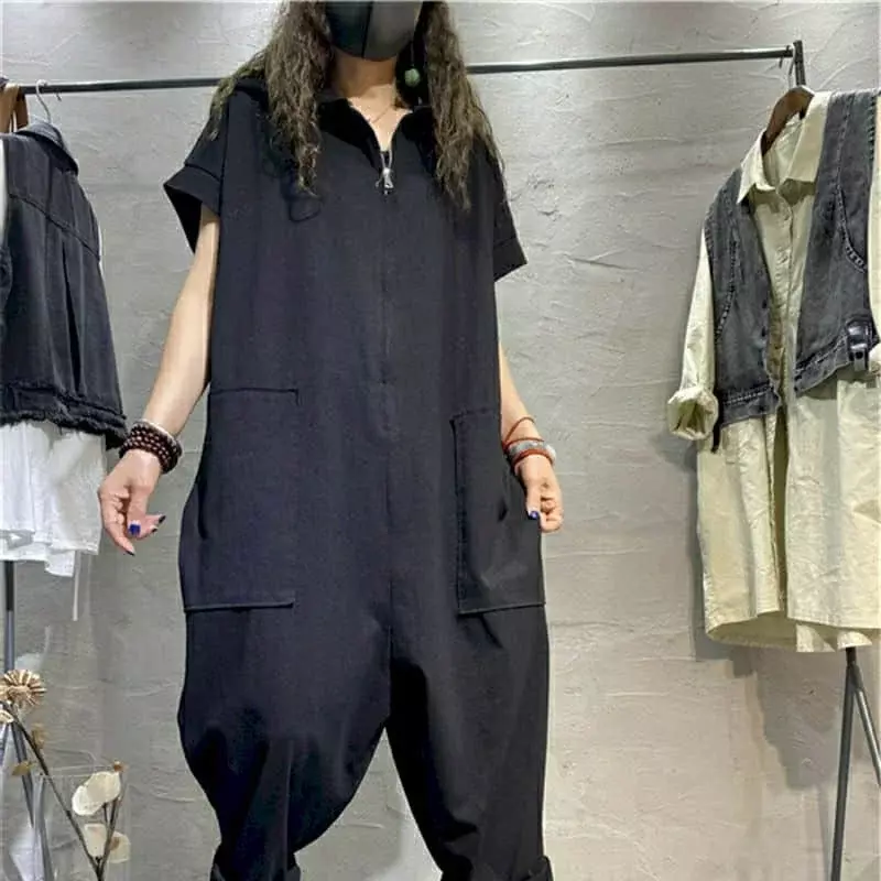 Casual Jumpsuits New Summer Thin Loose Oversized Slim Short-sleeved Playsuits Casual Solid Pocket Vintage Overalls for Women