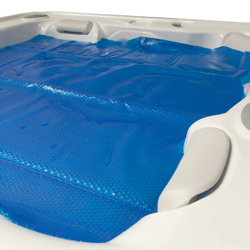 Selimut surya gelombang biru 12-mil untuk bak mandi panas-7 kaki x 8 kaki penutup Spa persegi panjang dengan gelembung termal tahan UV