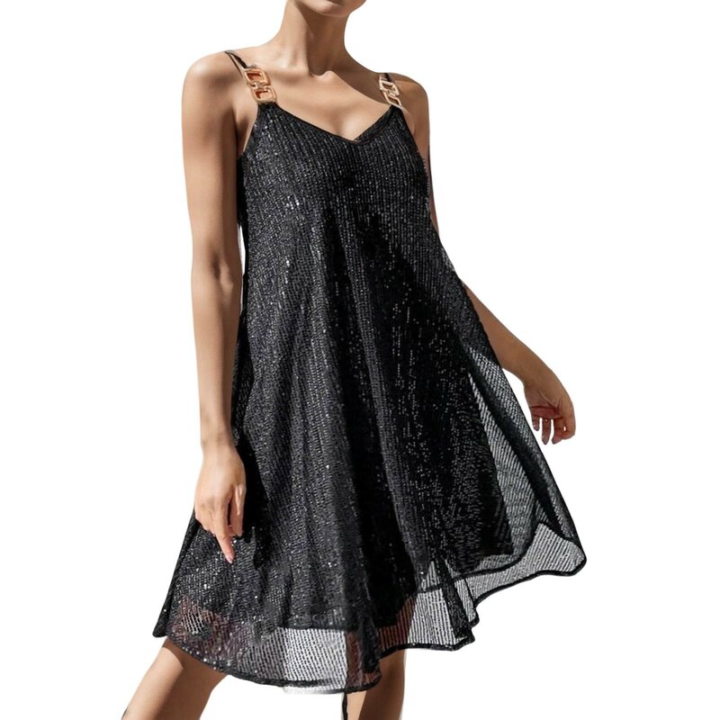 Женское платье на бретелях-спагетти, черное винтажное однотонное платье-трапеция без рукавов с блестками, платье для гостей свадьбы на осень