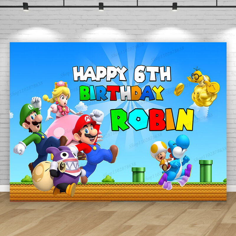 Fondo personalizado con nombre y edad para niños, telón de fondo con temática de Super Mario Bros para fiesta de cumpleaños, pancarta de Baby Shower, accesorios de decoración