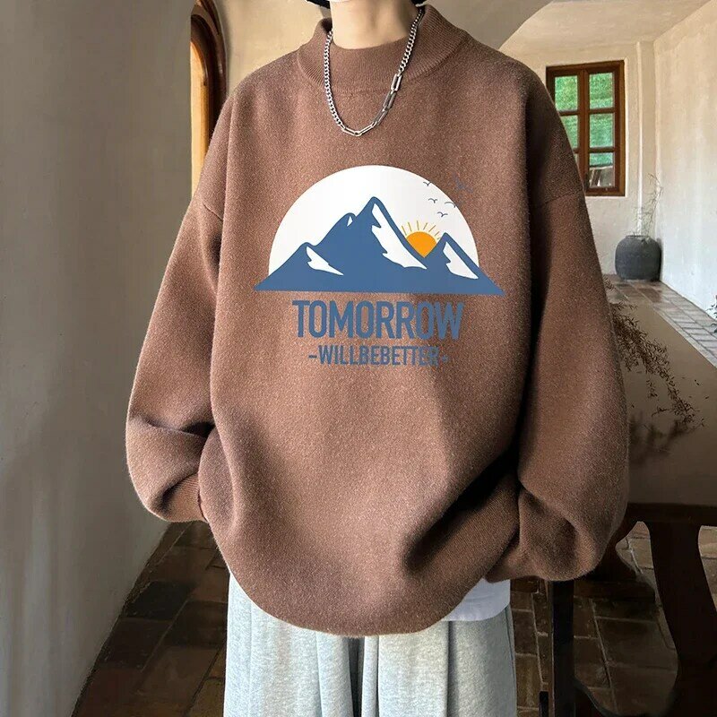 Men's Oversized Sweaters White Autumn 5XL Knitted Sweater Funny Mountain Print Casual Wear for Man Knit Pulloves Men Clothes