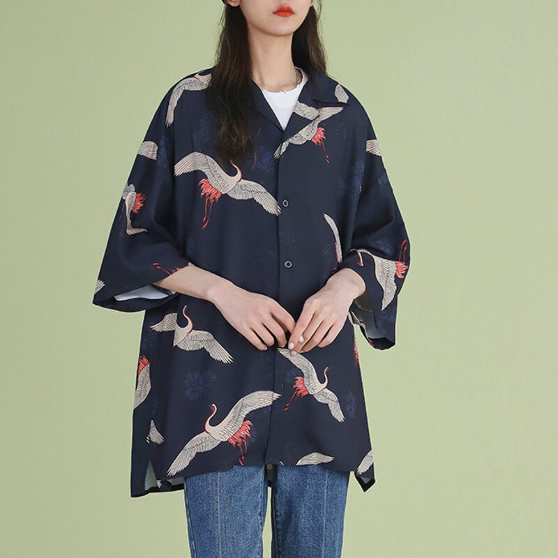 2021 nowa letnia i wiosenna damska jednorzędowa, ponadwymiarowa klapa bluzka Harajuku nadruk żurawia Streetwear z krótkim rękawem