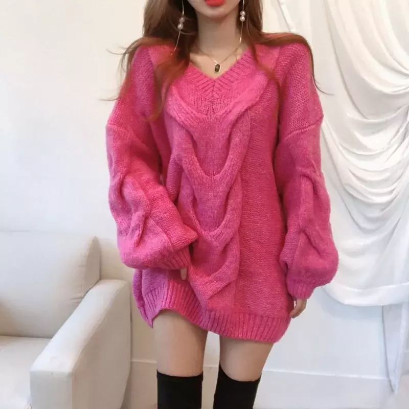 Dames Trui Koreaanse Herfst Mode V-Hals Losse Hennep Patroon Casual Losse Lange Mouwen Gebreide Trui Top