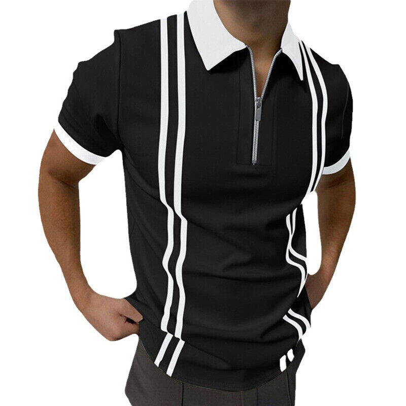Kaus atasan kasual gaya baru Fashion nyaman poliester leher Lapel bergaris sedikit meregang lengan pendek reguler kaus