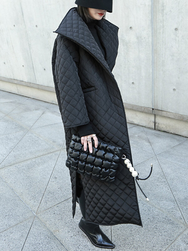 [EAM] черный большой размер длинное пальто с хлопковой подкладкой с длинным рукавом свободного покроя женские парки модная новинка весна осень 2024 19A-a319