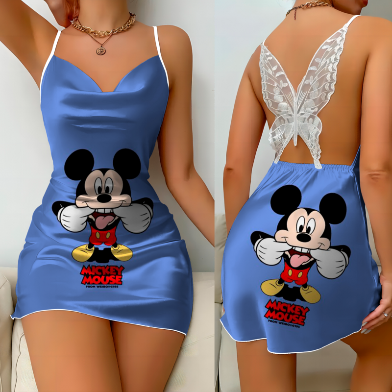 Gaun tanpa punggung gaun seksi permukaan Satin Minnie Mouse Mickey Disney piyama rok simpul pita Wanita Mode Musim Panas 2024 pesta Mini