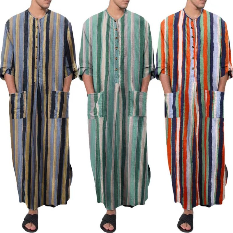 Eid muslimischen Streifen drucken Männer Hemd Robe lose lang ärmel ige Nahost Dubai Saudi-Arabien Kaftan Mann Kleidung Kaftan Ramadan
