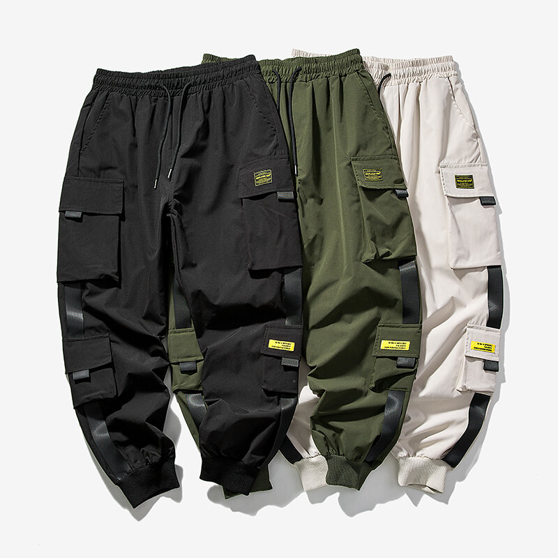 Pantalones Cargo de estilo Hip Hop para hombre, pantalones bombachos con cintas y múltiples bolsillos, ropa de calle informal, XS-5XL