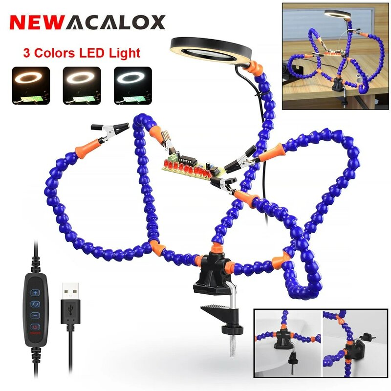 NEWACALOX Table Clamp Soldering Third Hand with 3X USB Magnifier LED Light  5Pcs Flexible Arms PCB Holder Welding Repair Tool