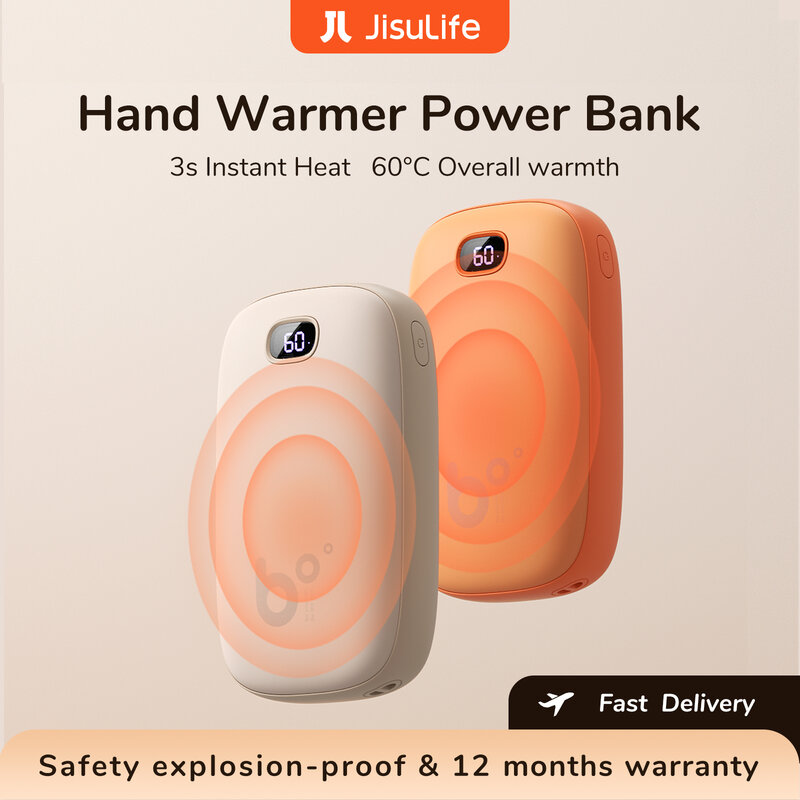 Jisulife เครื่องอุ่นมือแบตสำรอง USB ชาร์จได้3S, เครื่องทำน้ำร้อนแบบพกพาหน้าจอดิจิตอลอุ่นเร็ว60 ℃