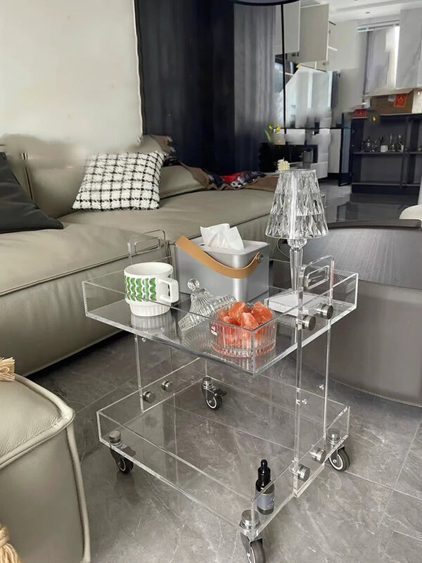 Móveis mesa de café acrílico transparente mesas de cabeceira mesa lateral sala de estar portabilidade dupla camada prateleira de armazenamento trole