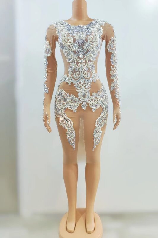 Gaun pendek mutiara batu gemerlap gaun ulang tahun Prom Malam seksi pakaian panggung transparan jaring Lengan Panjang