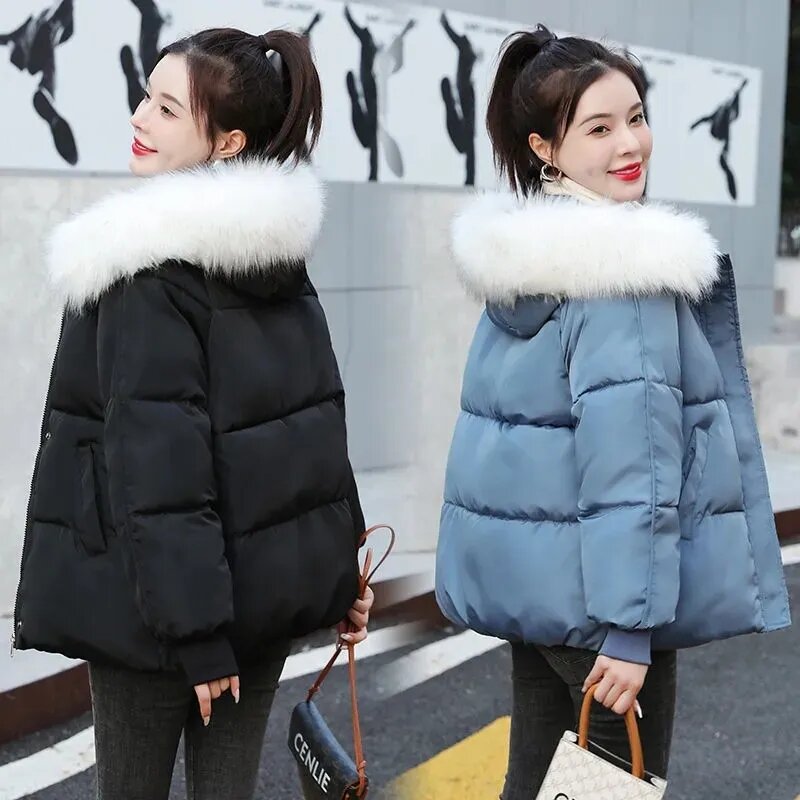 2023 Winter Large Fur Collar Parka Bread Women's Clothes  Warm Short Coat Thickened Padded Jacket Female Hooded Outwear Fluffy