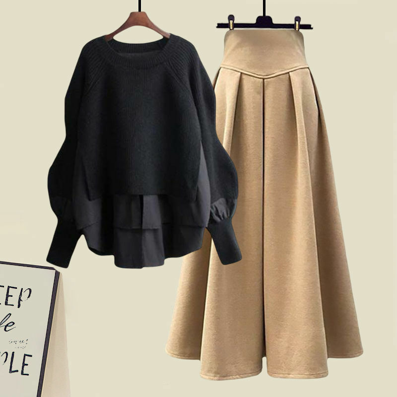 Large Women's Spring and Autumn New Set 2023 Slim Fake Two Piece Knitted Sweater High Waist Half Skirt Two Piece Set