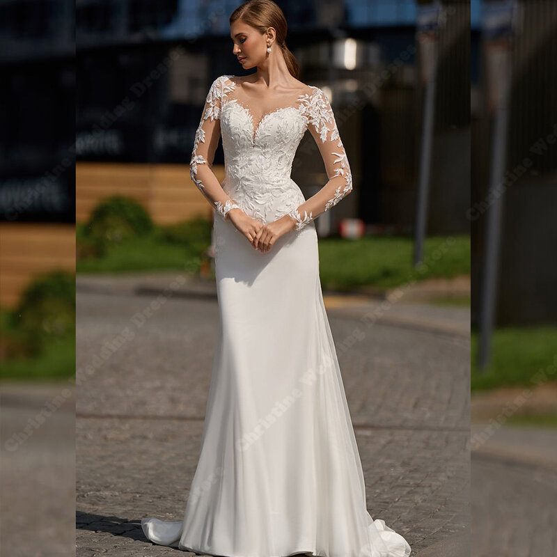 Gładka satyna suknie ślubne koronkowe z aplikacjami z długimi rękawami suknie ślubne seksowne obszyte pośladki suknia w stylu syreny Vestidos De Gala