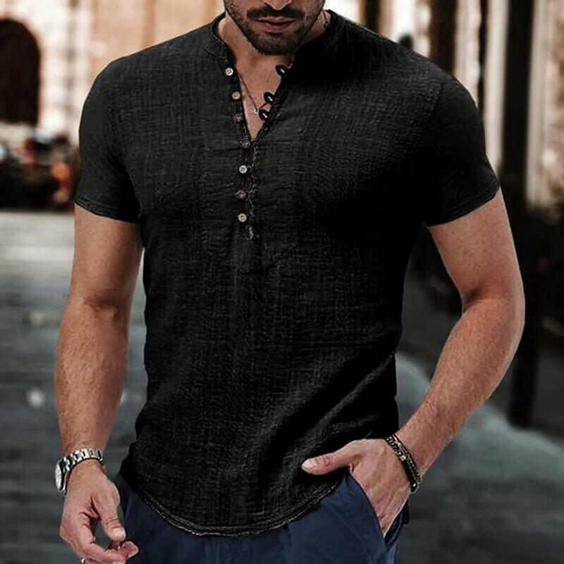 Camisa de linho algodão masculina, blusa casual de botão, ajuste solto, camiseta de manga curta, roupa masculina respirável, verão