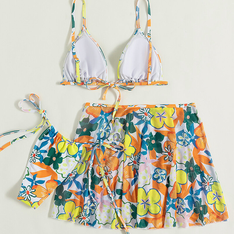 Mùa Hè Nữ Brasil Áo Tắm Mặc Đi Biển 3 Nữ Bộ Đồ Bơi Bikini Set Bộ In Hoa Phối Ren Áo Ngực Quần Đùi Kèm Cà Vạt váy