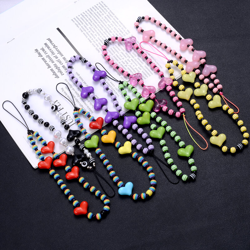 8 cores moda acrílico em forma de coração contas redondas cadeias de celular anti-perdido acrílico telefone corrente cordão feminino jóias acessórios