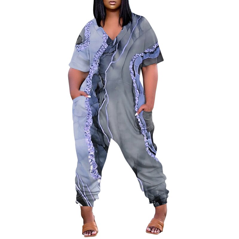 Women's Plus Size Casual V Neck Short Sleeve Top Zipper Overalls With Pockets Soft Fabric Wide Long Jumpsuits комбинезон