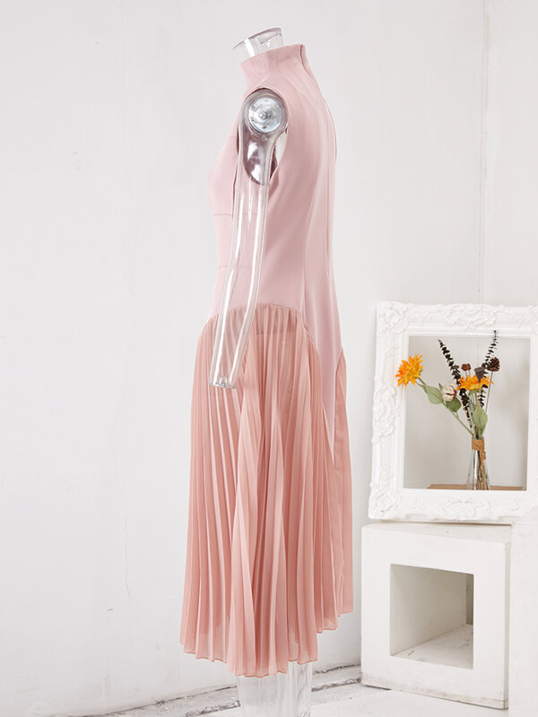 DEAT 우아한 원피스 O-넥 민소매 패치워크 플리츠 하이 웨이스트 여성용 이브닝 파티 드레스, 2024 용수철 새로운 패션, 16Y999