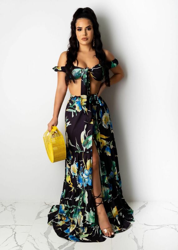 SKMY Elegant Floral Printed 2 Piece Set Women Sexy Lace Up V Neck Crop Top + Long Skirts Night Club Party Beach Outfits 2023