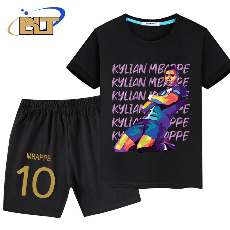 Mbappe head printed ropa para niños, camiseta para niños, pantalones, conjunto de 2 piezas, pantalones cortos negros de manga corta, traje de verano