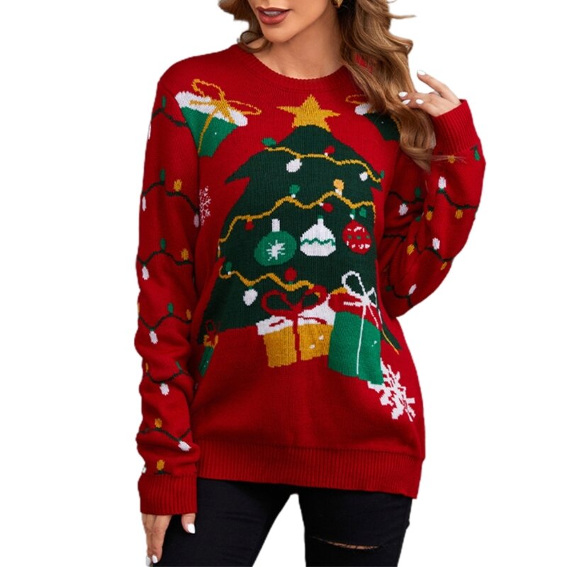 Elegante maglione lavorato a maglia Cappotto con stampa albero festivo, morbido e confortevole, vestibilità ampia. DropShip