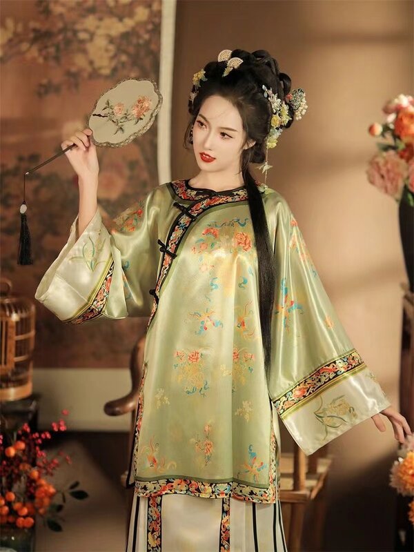 Qing漢服クラシックスタイルの襟,ラウンドネック,プリントされたhan女の子のコスチューム,馬の顔のスカートセット,馬の顔