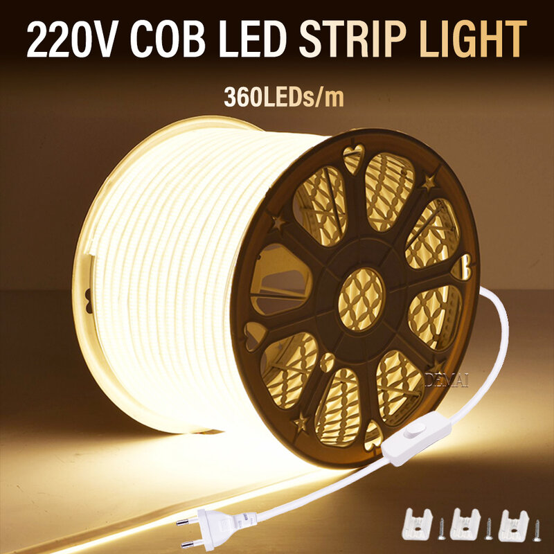 COB LED Strip 360leds/M High Bright EU Plug 220V CRI RA90 Waterproof Outdoor Garden FOB LED Tape For Bedroom Kitchen Lighting