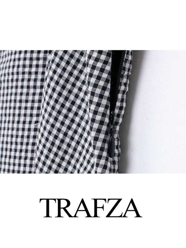 Trafza-فستان نسائي منقوش برقبة مائلة بدون أكمام مكشوف الظهر ، فستان قصير مثير للإناث ، موضة عصرية ، سحاب مزين ، الصيف