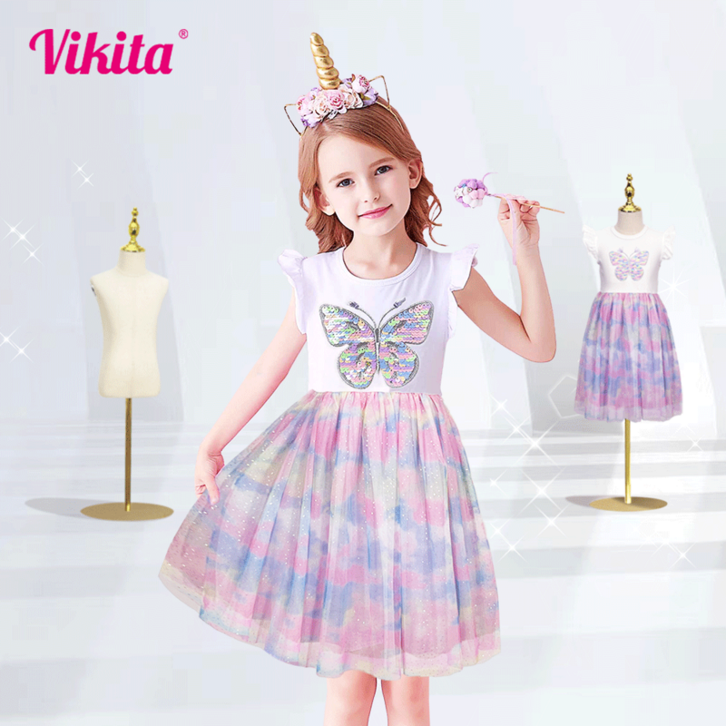 VIKITA Girls Butterfly Dresses Kids Sequins Costumes Children Flare Sleeve Vestidos Toddler Colorful Dress Girls Summer Clothing