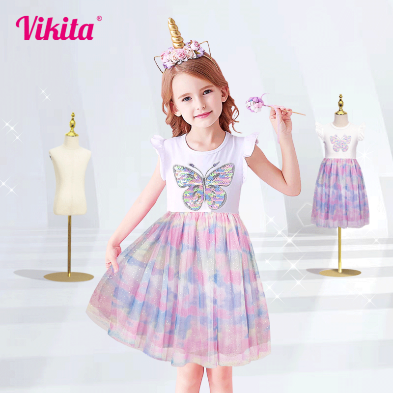 VIKITA – robe colorée à manches évasées pour filles, Costumes à paillettes, vêtements d'été