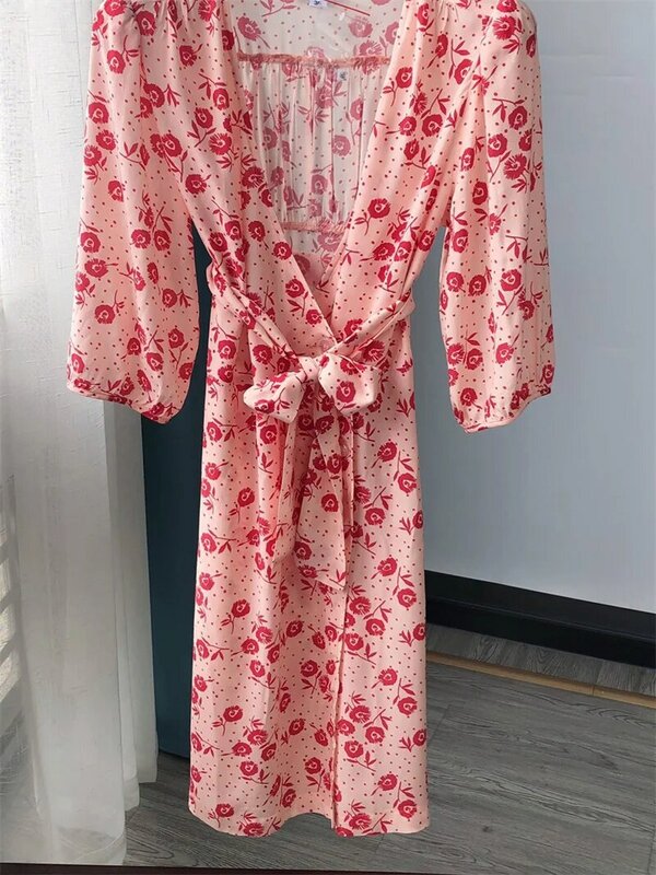 Vestido corto ajustado de manga corta con estampado rosa para mujer, minivestido de una pieza con cordones y cuello en V, novedad de verano 2024