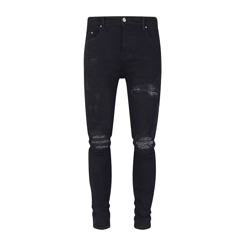 Modne dżinsy męskie uliczna czarna rozciągliwa chudy krój porwane jeansy z koralikami łatany projektant Hip Hop markowe spodnie mężczyzn spodnie punkowe
