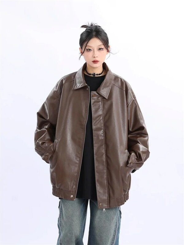 American Solid Color Loose Brown Square Collar Zipper Leather Women's New Autumn And Winter Pu Leather Ladies Plus Cotton Coat