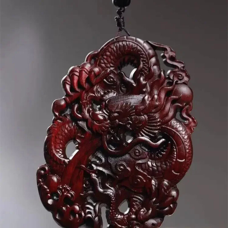 Escultura oca dupla face pingente de dragão chinês, jacarandá fino, marca Lucky Dragon, peça portátil, presente ano de vida masculino