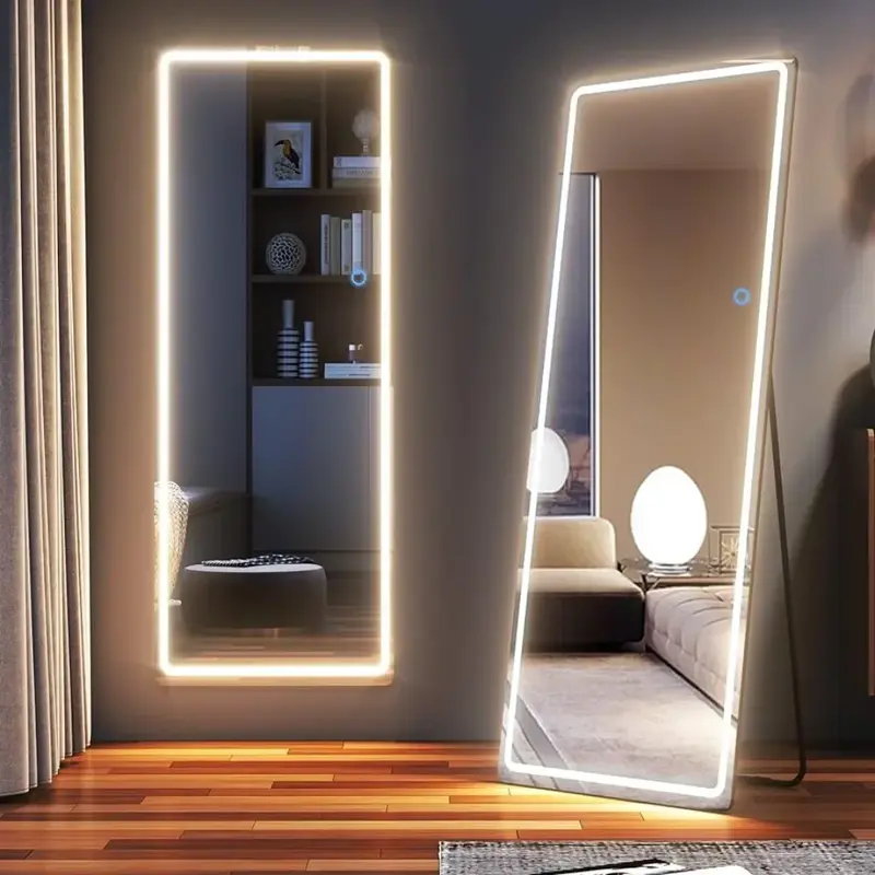 Comprimento total pendurado espelho com luzes LED, corpo inteiro iluminado espelho, parede montada, escurecimento e 3 cores de iluminação