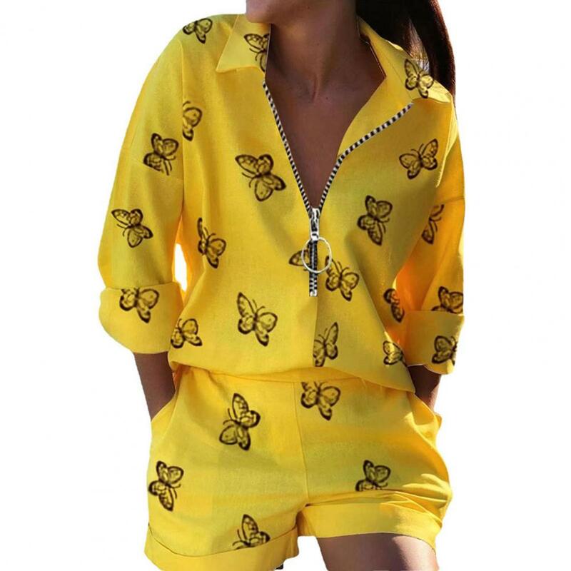 여성용 세련된 프린트 셔츠 반바지 세트, 지퍼 라펠, 하이웨이스트 디자인, 편안한 의상, 2 피스