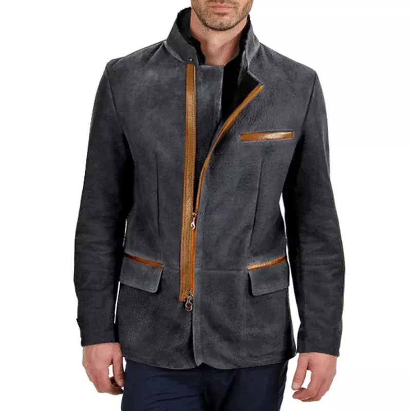 เสื้อแจ็คเก็ตขนแกะวินเทจของผู้ชายเสื้อโค้ทหนังมีกระเป๋าสำหรับงานเย็บปะแฟชั่นกลางแจ้งฤดูหนาวลำลอง