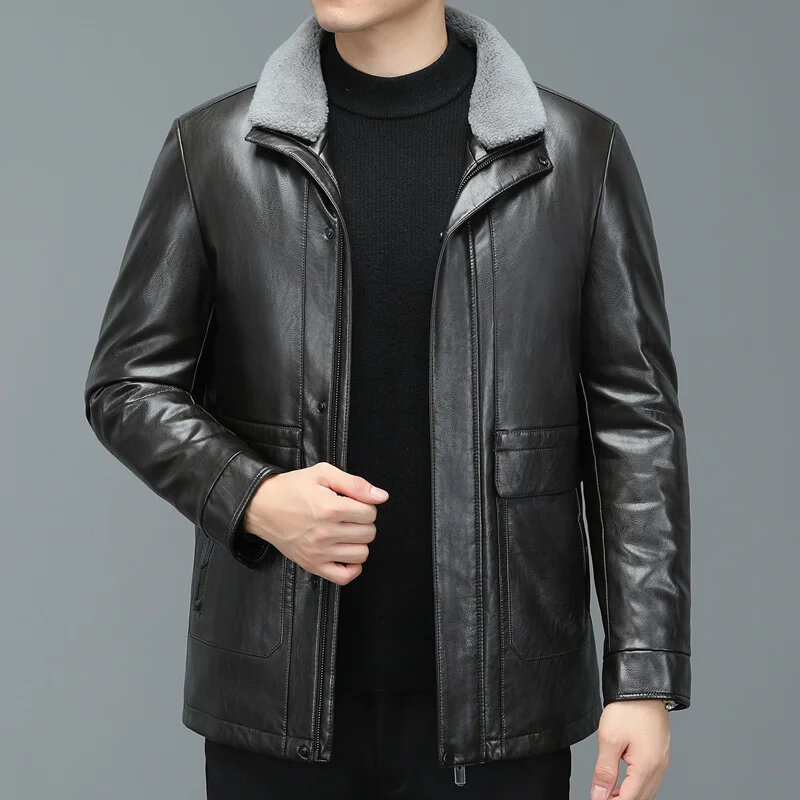 ZDT-8038 Men's Winter New Leather And Fur Integrated Thickened Coat With Lapel Collar Genuine Down Jacket