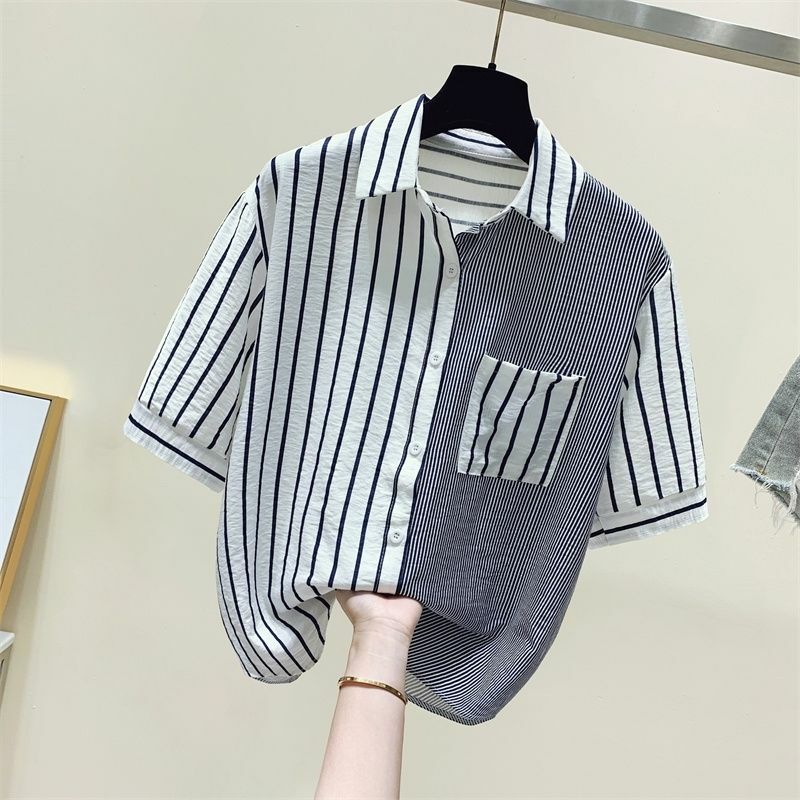 Camisa coreana com listras irregulares feminina, manga curta, gola alta, estilo fino, senso de design, verão, novo, 2022