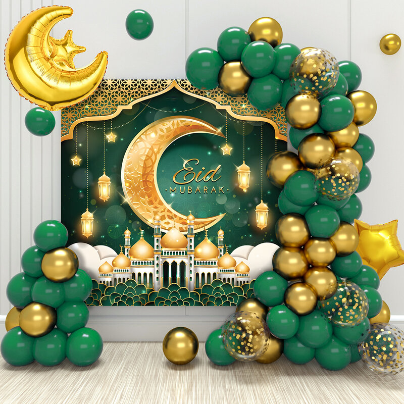 ของตกแต่งงานปาร์ตี้เทศกาลมุสลิมอิสลาม Eid Mubarak สีเขียวทองมาลัยโค้งเดือนรอมฎอนสำหรับ2024บ้าน