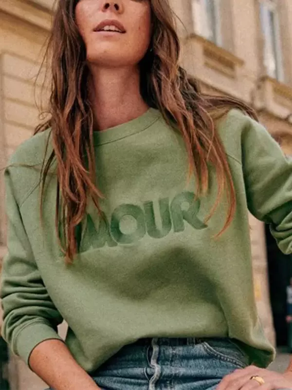 Frauen Sweatshirt O-Ausschnitt Brief Stickerei lose Frühling lässig Baumwolle Pullover