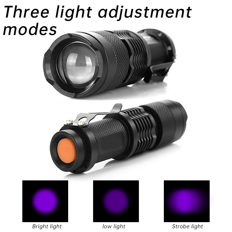 Zoomable Ultra Violet LED Lanterna, portátil, impermeável Tocha Ultravioleta, Pet Detector de Mancha de Urina, Mini Luz, 365, 395nm