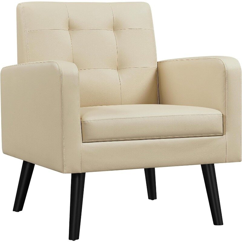 Mid-Century Accent Chairs, PU Leather Modern Upholstered Living Room Chair, Cozy Armchair Button Tufted Back and Wood Legs