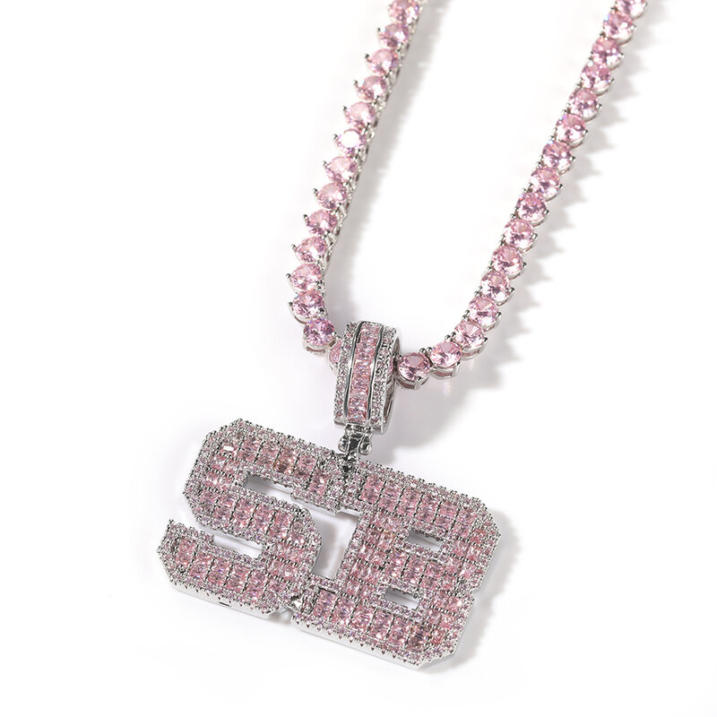 Uwin-collar con letras de Baguette rosa, colgante con nombre personalizado con corazón, cadena de tenis o cadena de baguetter, joyería personalizada