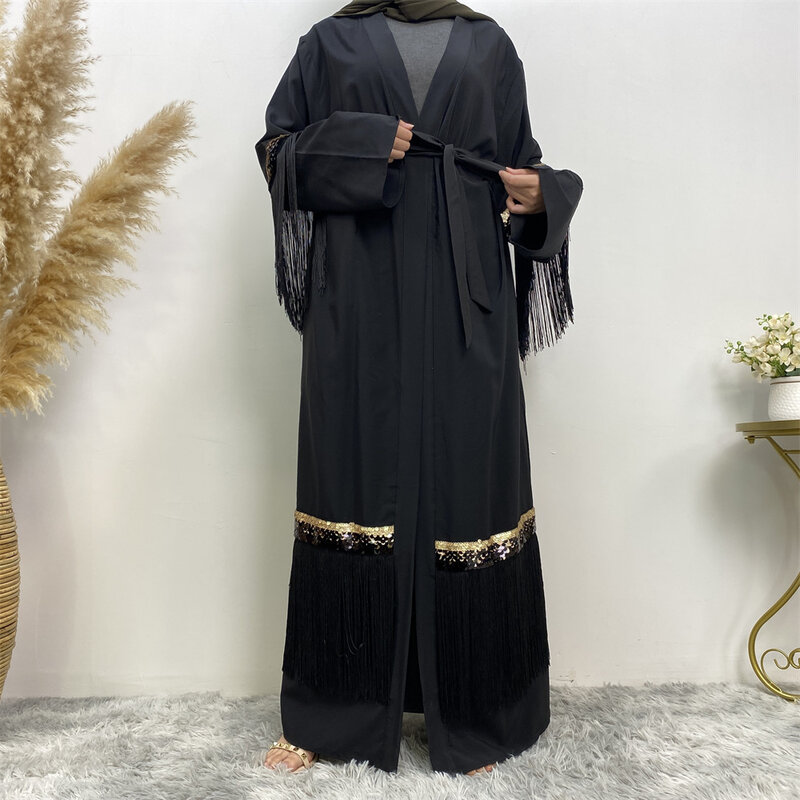 Muzułmanki otwierana Abaya sukienka z cekinami frędzel kardigan Kimono Eid Ramadan islamska suknia Jalabiya Kaftan Longue Femme Musulmane