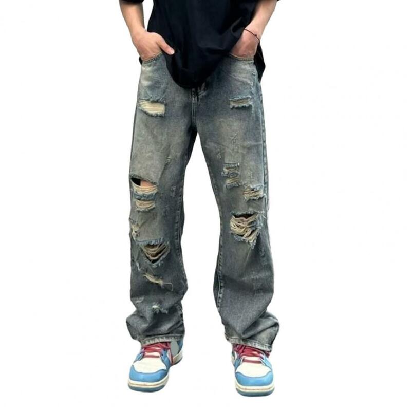 Pantalones vaqueros rectos de pierna ancha para hombre, ropa de calle informal de Hip Hop, de longitud completa pantalones largos, pantalones vaqueros Retro de Hip Hop