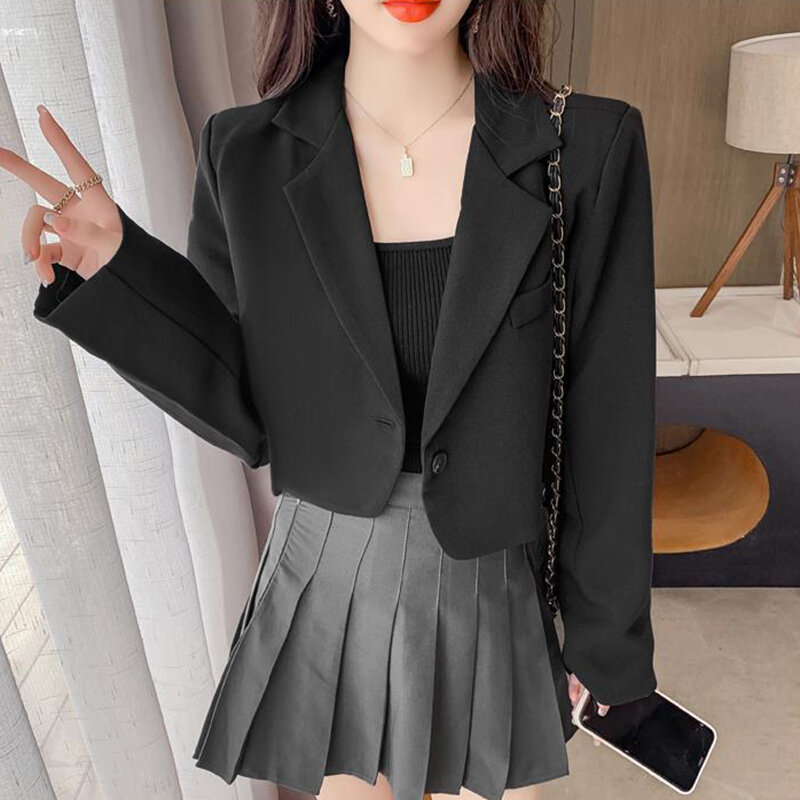 เกาหลี Cropped เสื้อผู้หญิงสีทึบปุ่ม Outwear วัยรุ่น All-Match แขนยาวสูทเสื้อ blazer